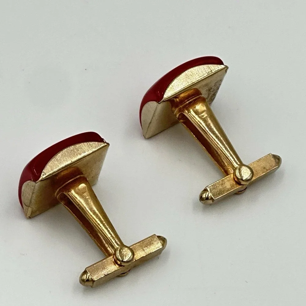 Vintage Gold Tone Glass Stone Vibrant Pink Men's Cufflinks Mid century